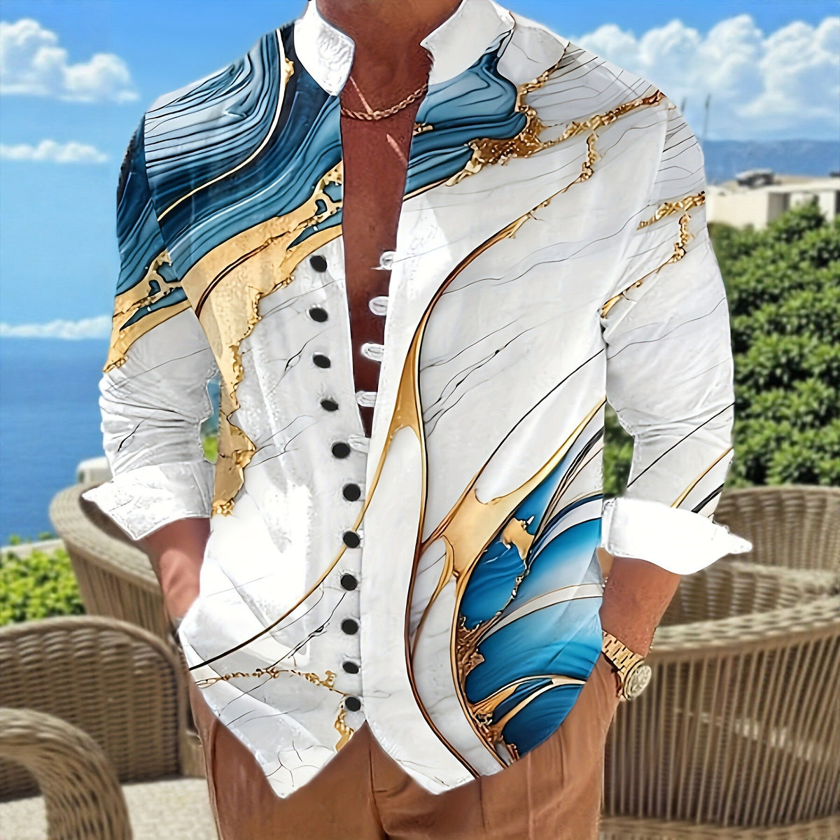 Stehkragenhemd mit Wellenmuster für Herren – Bild 8 | LuxeStyle