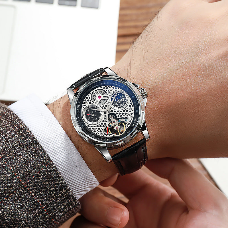 Wasserdicht Leuchtend Luxus-Trend Automatik Leder-Stahl-Armbanduhr