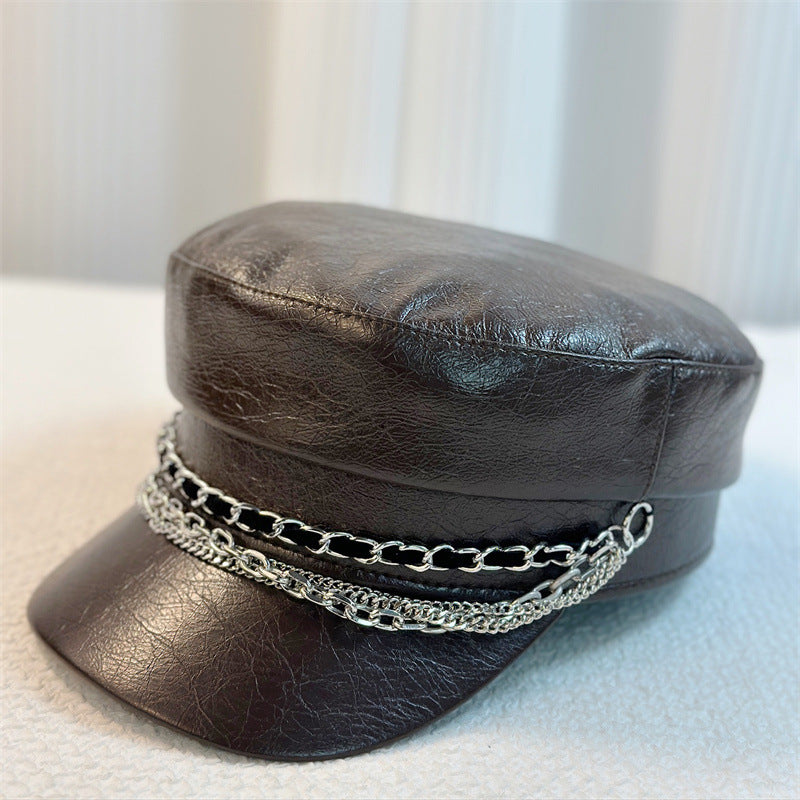 PU-Leder Newsboy-Mütze mit Ketten-Details