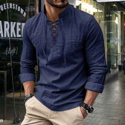 Langarm Leinenhemd mit offener Brust – Bild 13 | LuxeStyle