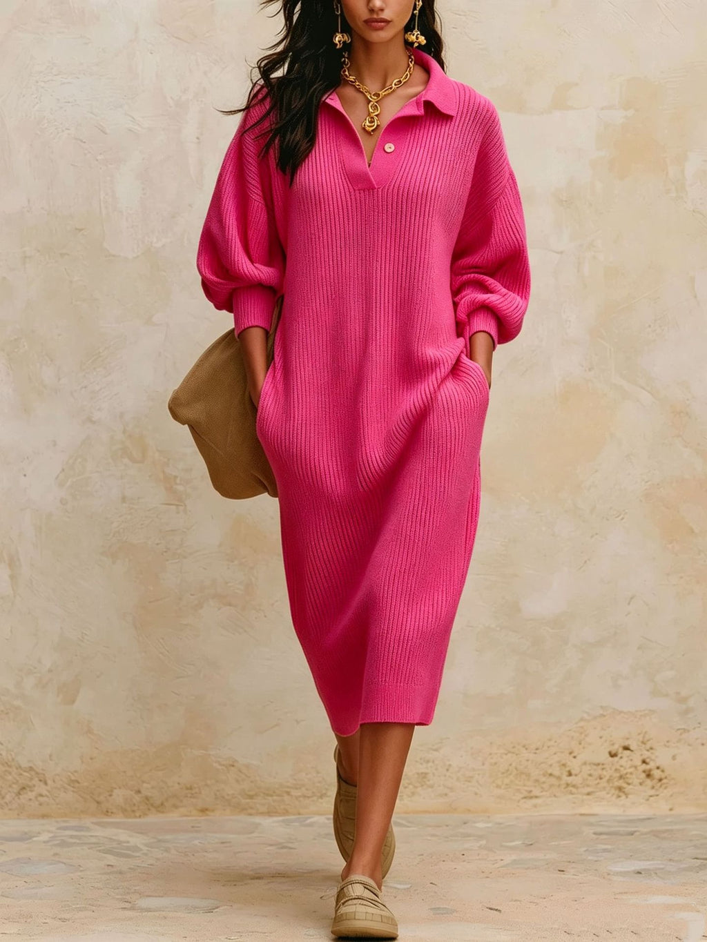 Pullover-Kleid mit V-Ausschnitt und Puffärmel – Bild 4 | LuxeStyle