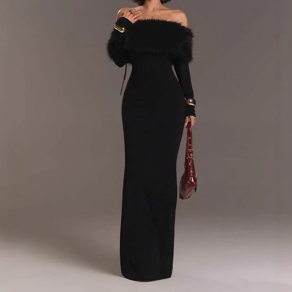 Western-Style Off-Shoulder Fellkragen Langärmliges Rockkleid – Bild 6 | LuxeStyle