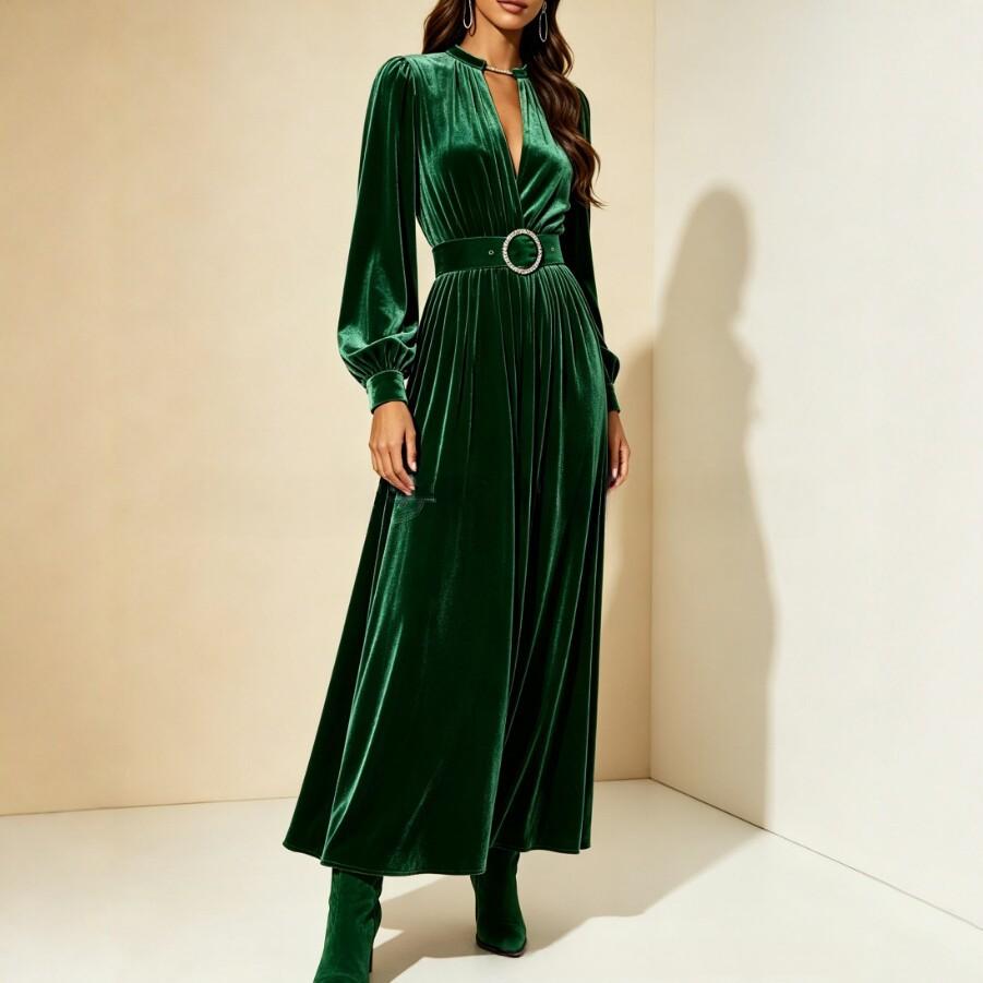 Velvet-Kleid mit V-Ausschnitt und Taillenbetonung