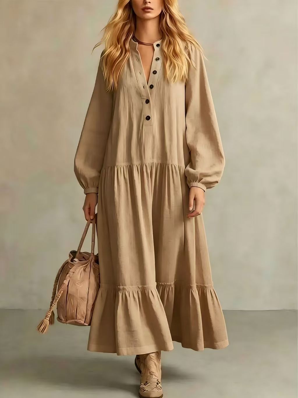 Langes Baumwoll-Leinenkleid mit Stehkragen – Bild 3 | LuxeStyle
