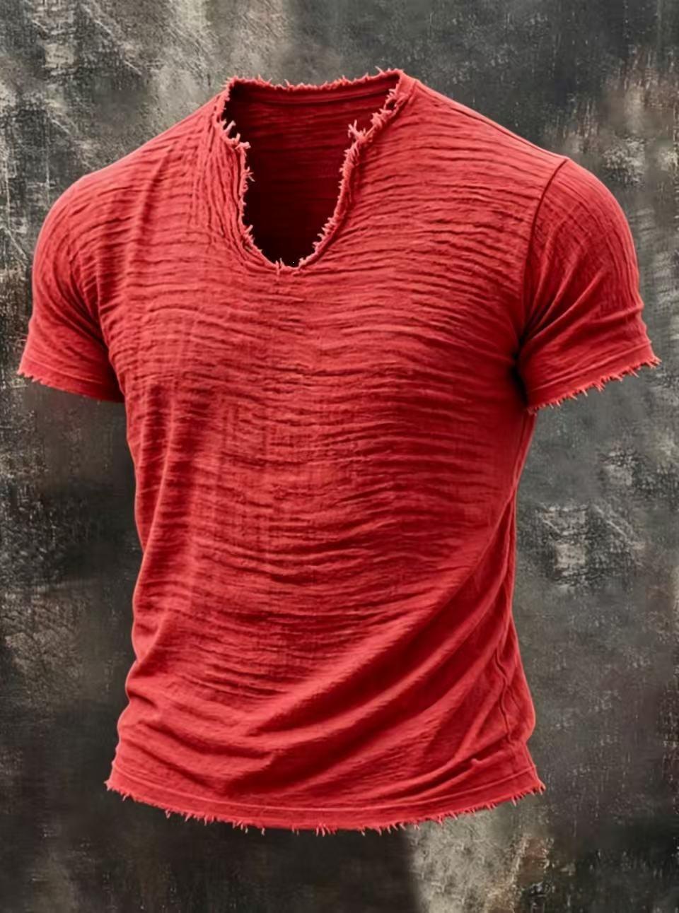 Retro Baumwoll-Leinen T-Shirt mit V-Ausschnitt