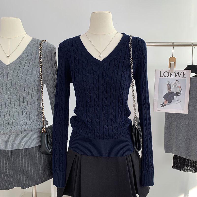 V-Ausschnitt Strickpullover für Damen im Preppy-Stil