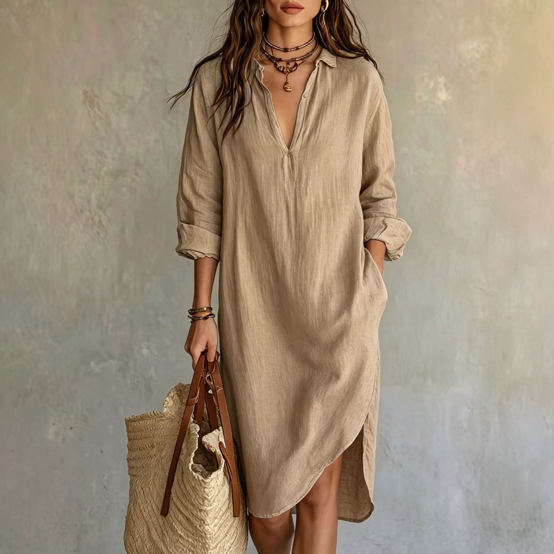 Leinen-Bluse Kleid mit Schlitz