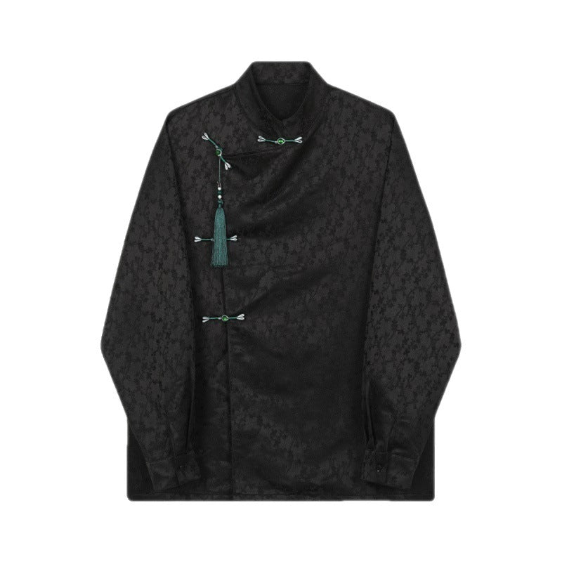 Satin Jacquard Langarmhemd mit Stehkragen