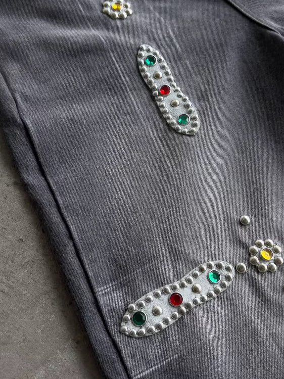 Leder-Patchwork Shorts mit Nieten und Strass