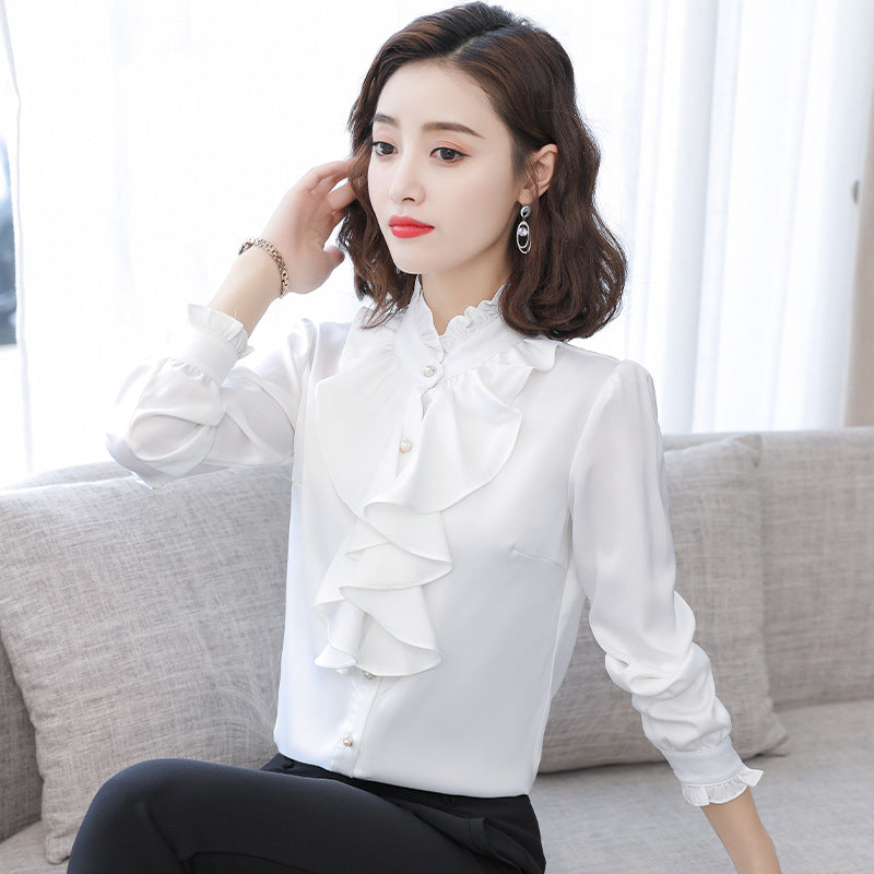 Langarm-Chiffonbluse mit Stehkragen und Rüschen – Bild 5 | LuxeStyle