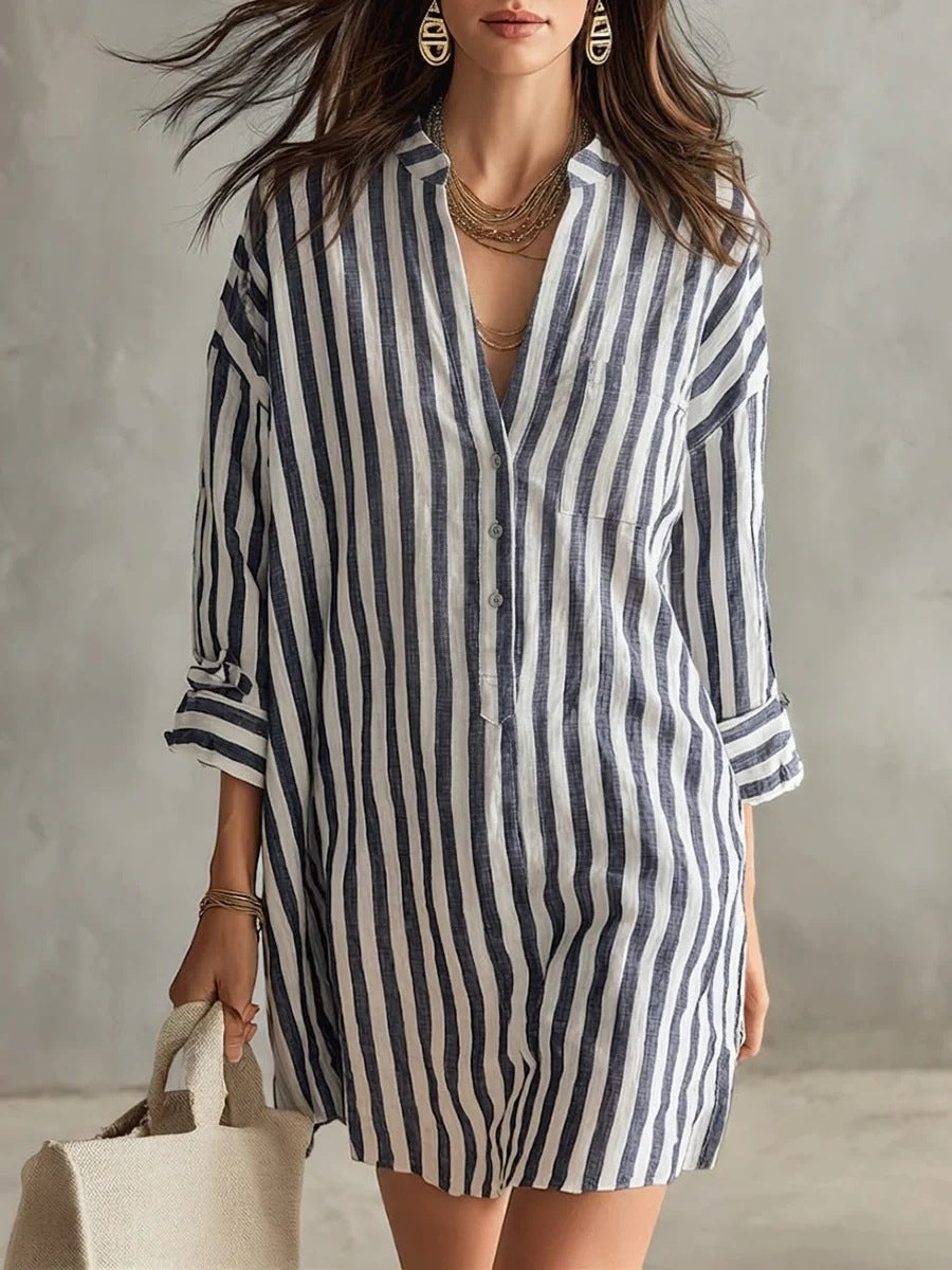 Gestreiftes Midi-Hemdblusenkleid mit V-Ausschnitt – Bild 5 | LuxeStyle