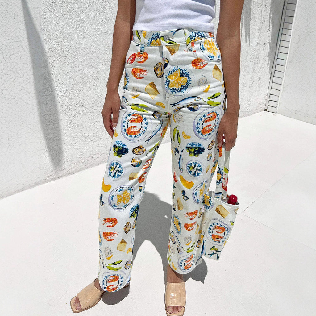 Bedruckte Denim-Hose mit weitem Bein