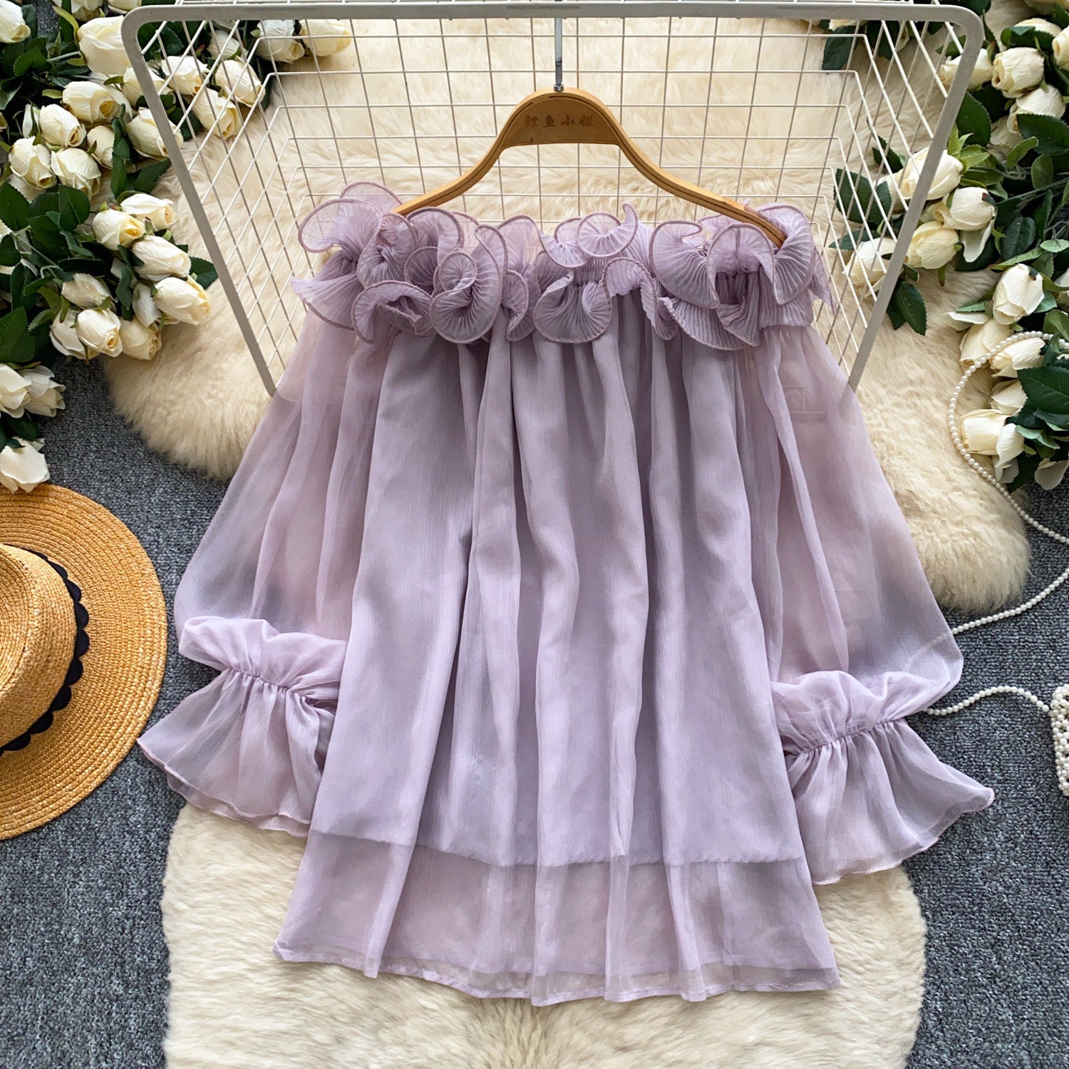 Off-Shoulder Chiffon-Bluse mit Rüschen