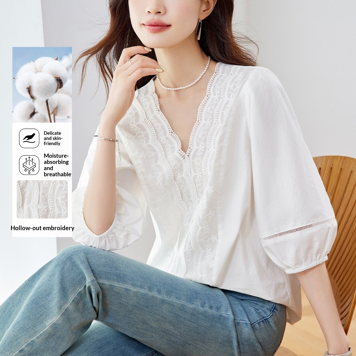 Elegante V-Neck Bluse mit Spitze und Lochstickerei