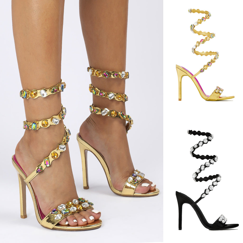 Satin-Sandalen mit Stiletto-Absatz und Strass | LuxeStyle