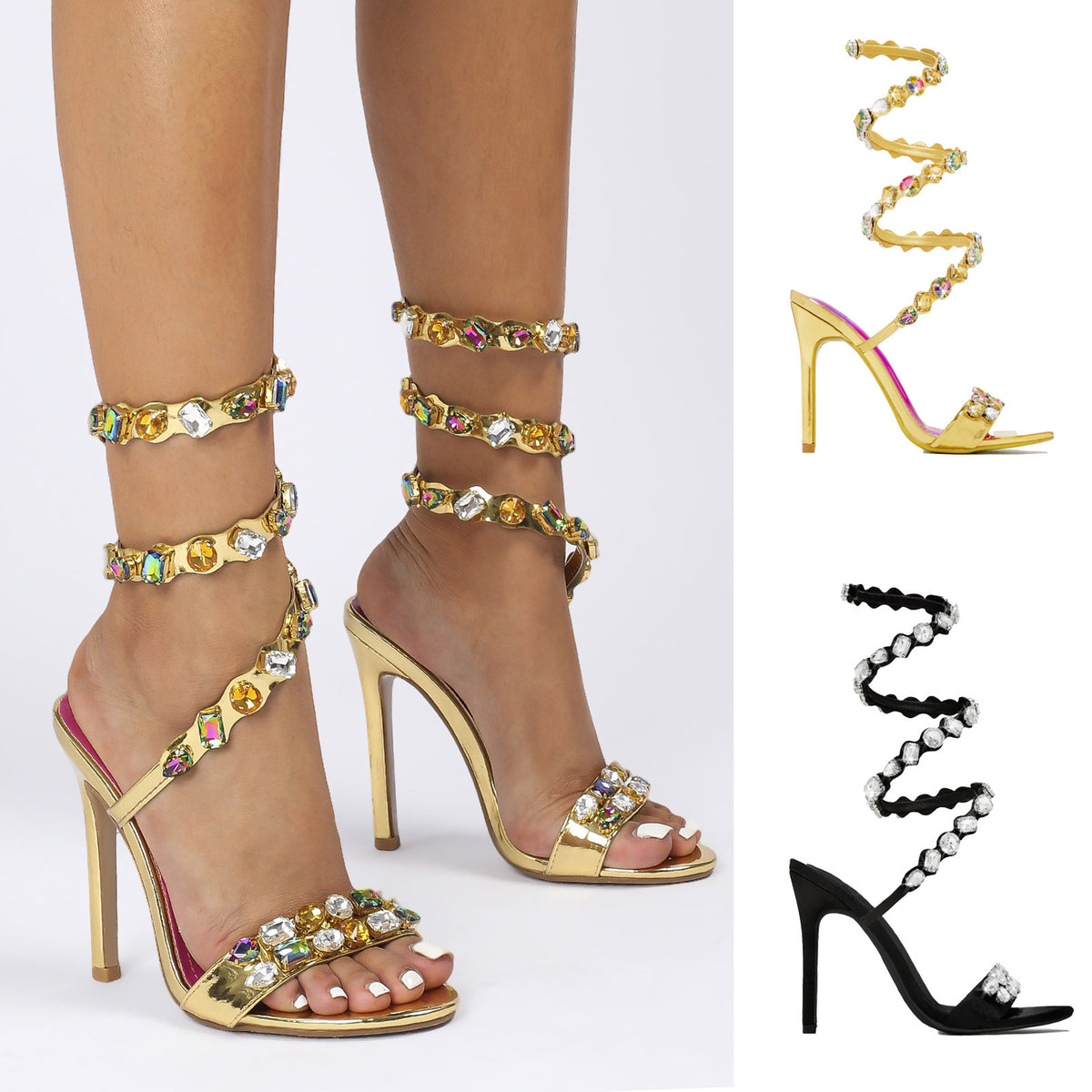 Satin-Sandalen mit Stiletto-Absatz und Strass | LuxeStyle