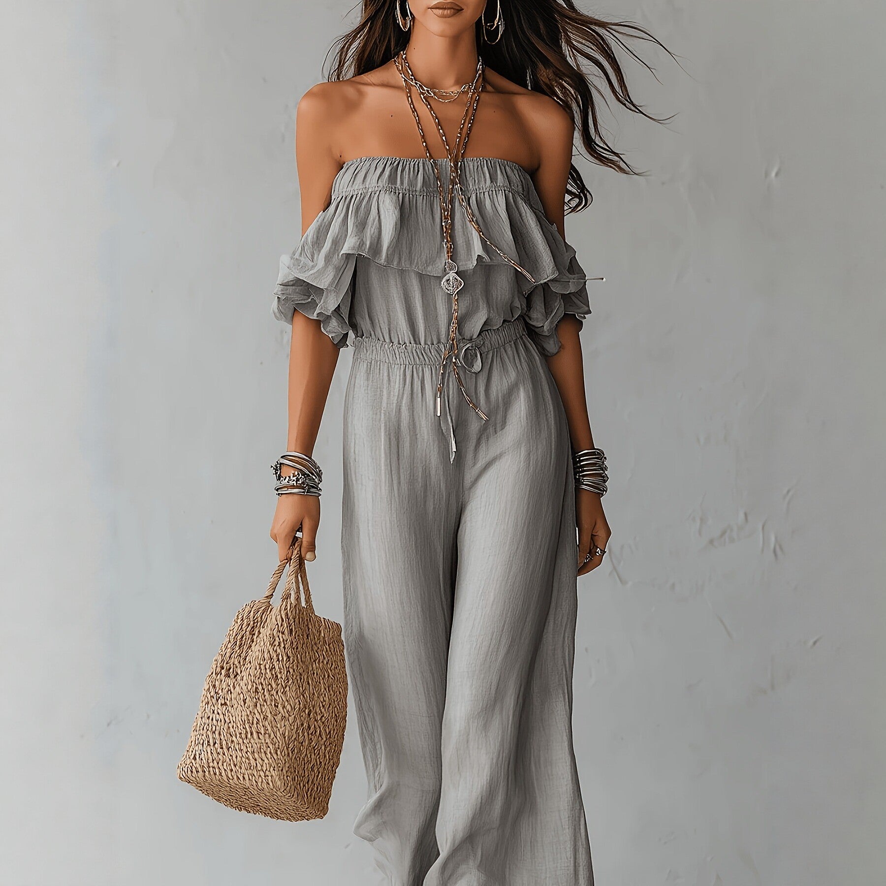 Off-Shoulder Jumpsuit mit Rüschensaum