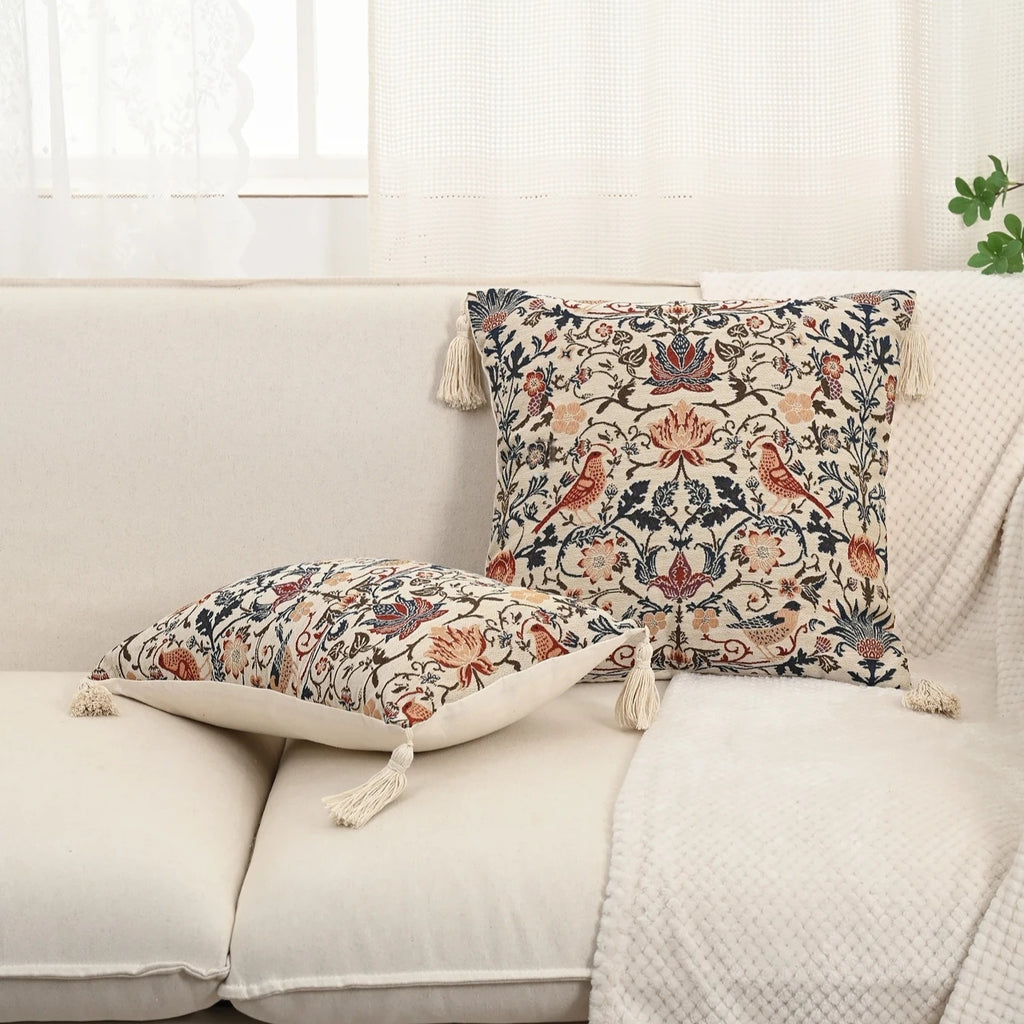Jacquard Kissenhülle mit Elster und Blumen – Ansicht 2