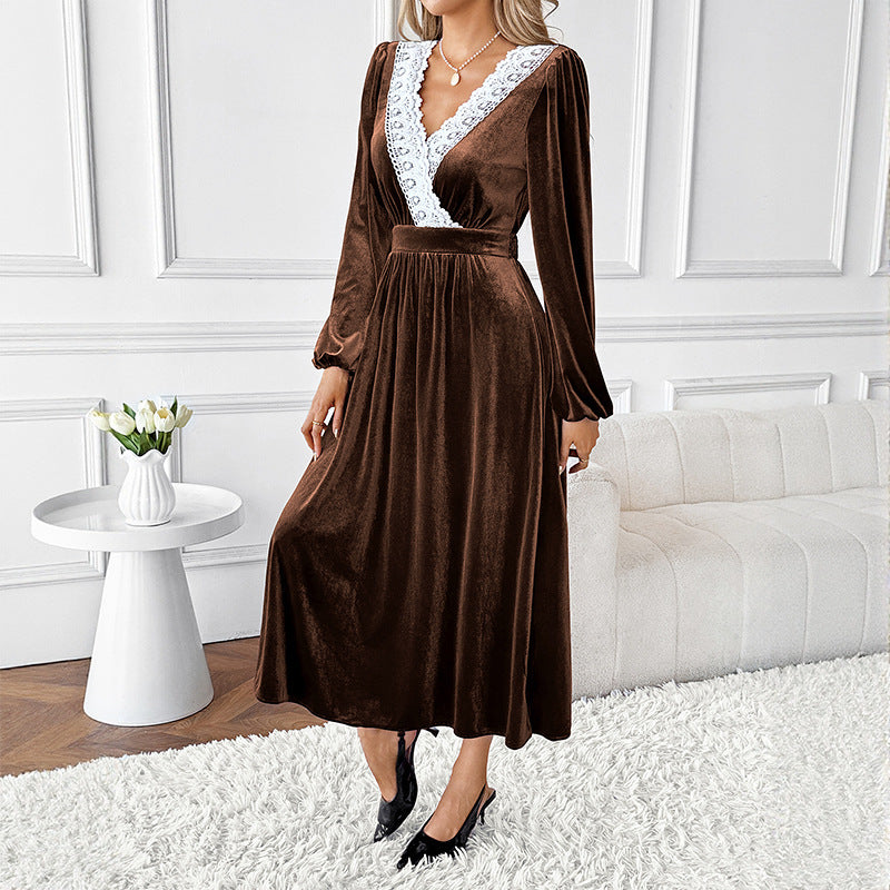 Braunes Spitzen-V-Neck-Maxi-Kleid – Bild 5 | LuxeStyle