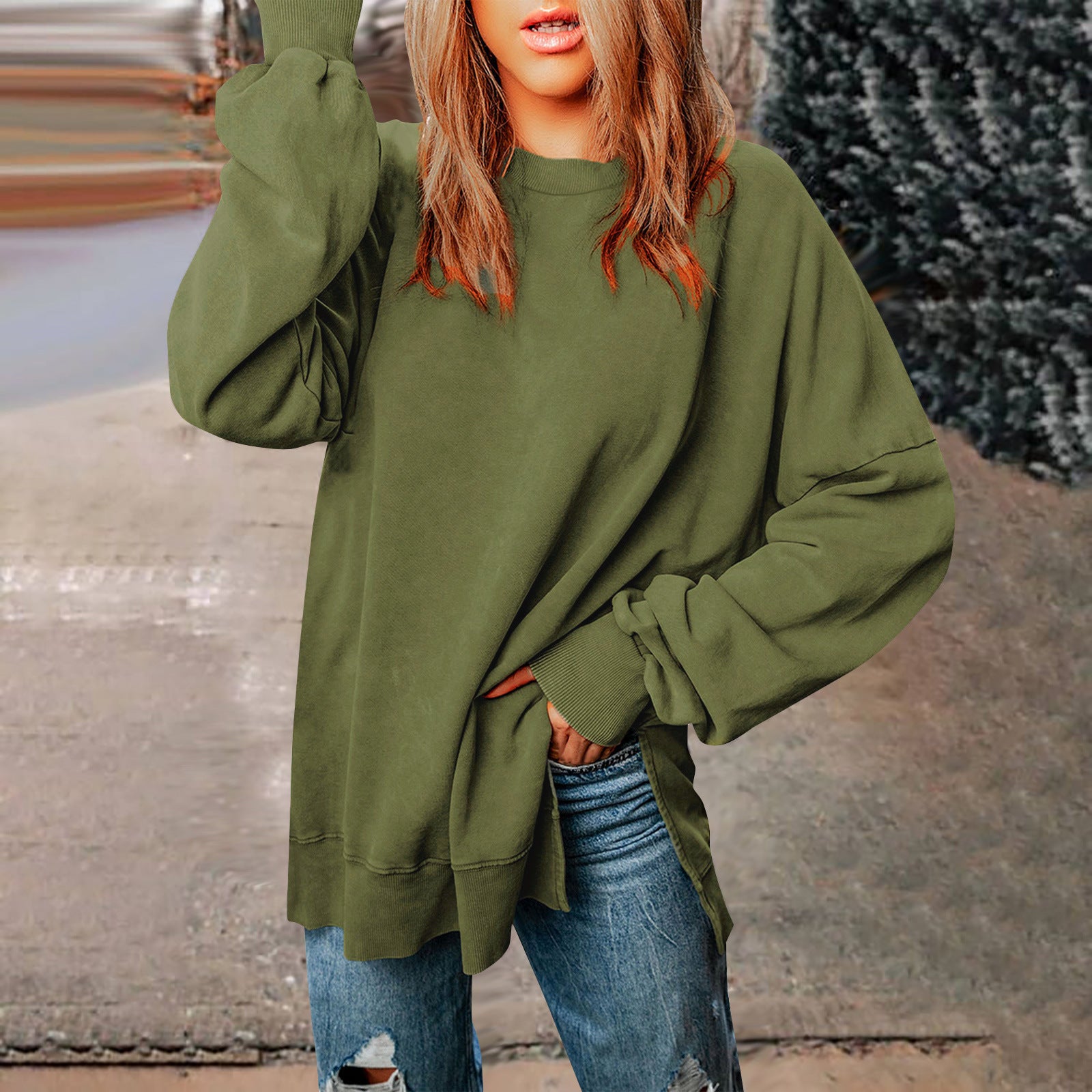 Unifarbener Pullover mit Rundhalsausschnitt