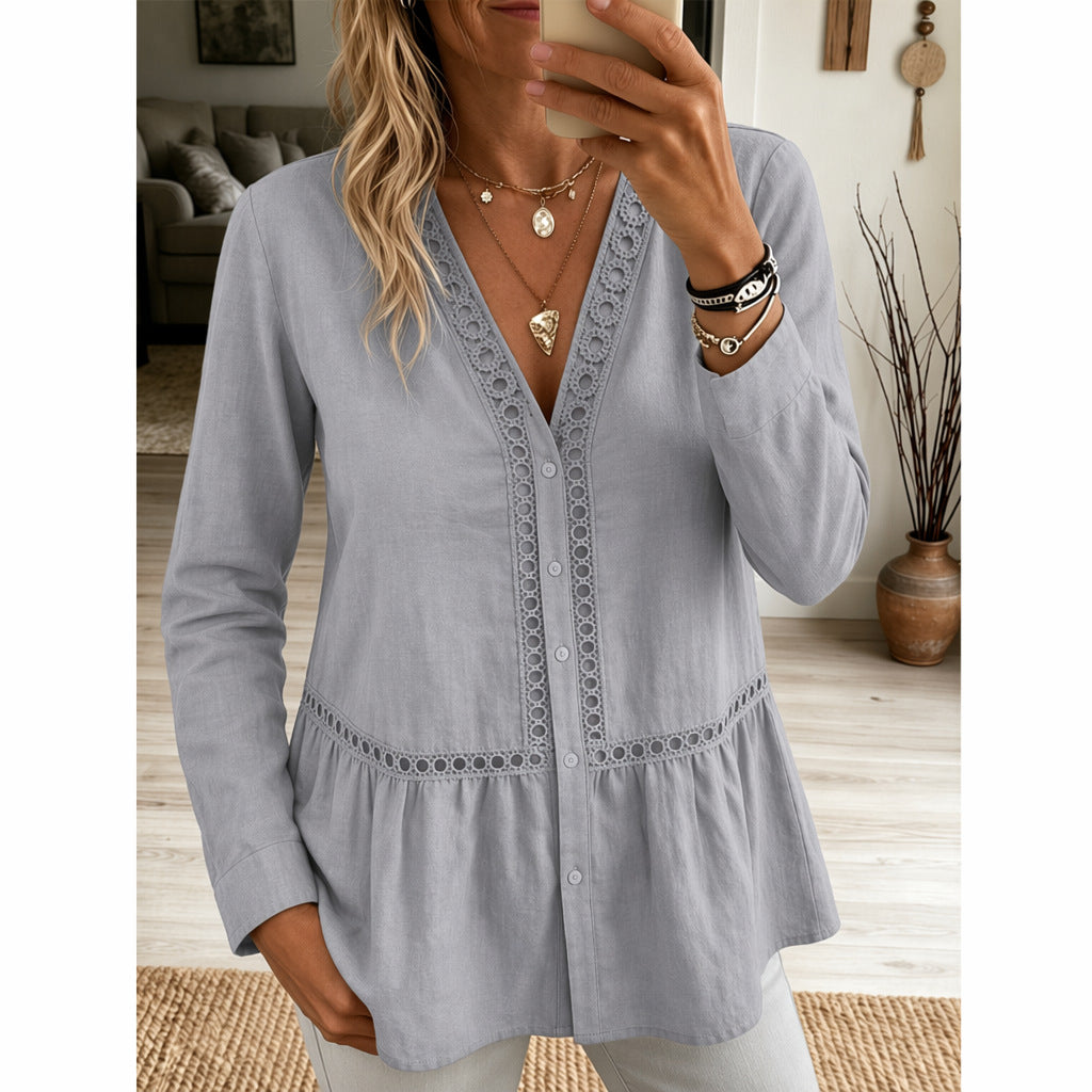 Casual Einfarbiges Langarm-Shirt mit Spitzendesign