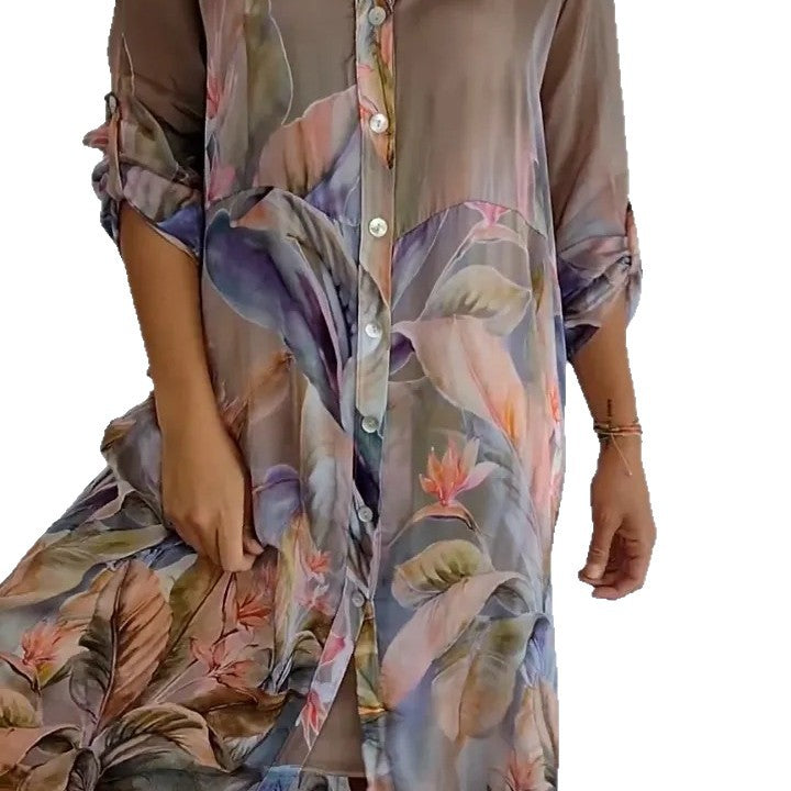 Printkragen Langarm Weit Schnitt Damenkleid