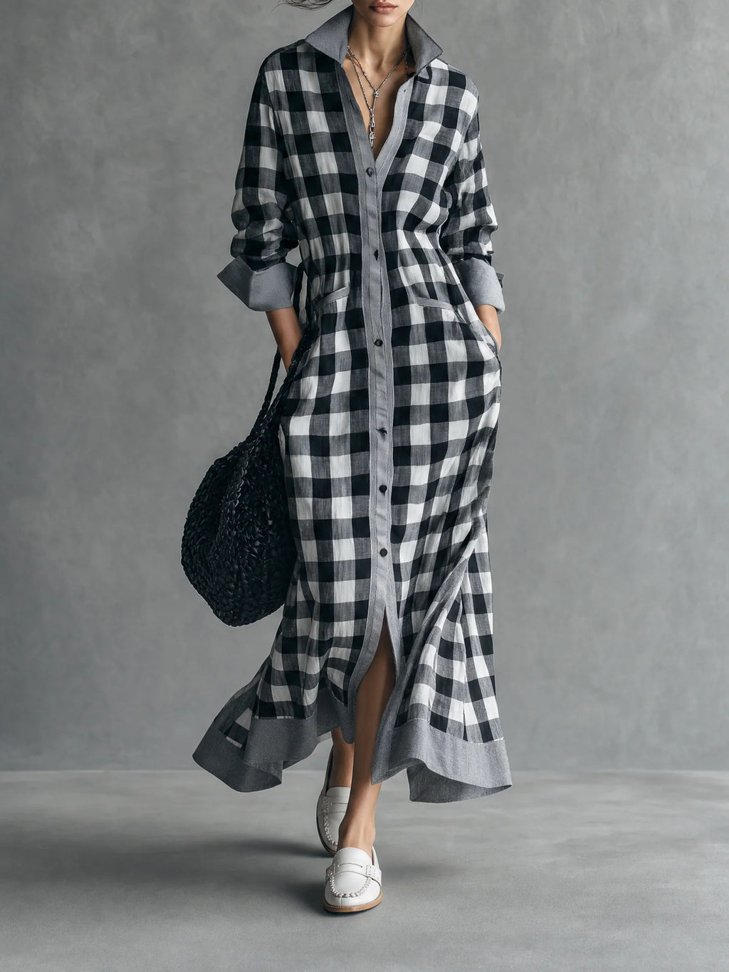 Kariertes Langarm-Hemdblusenkleid für Damen