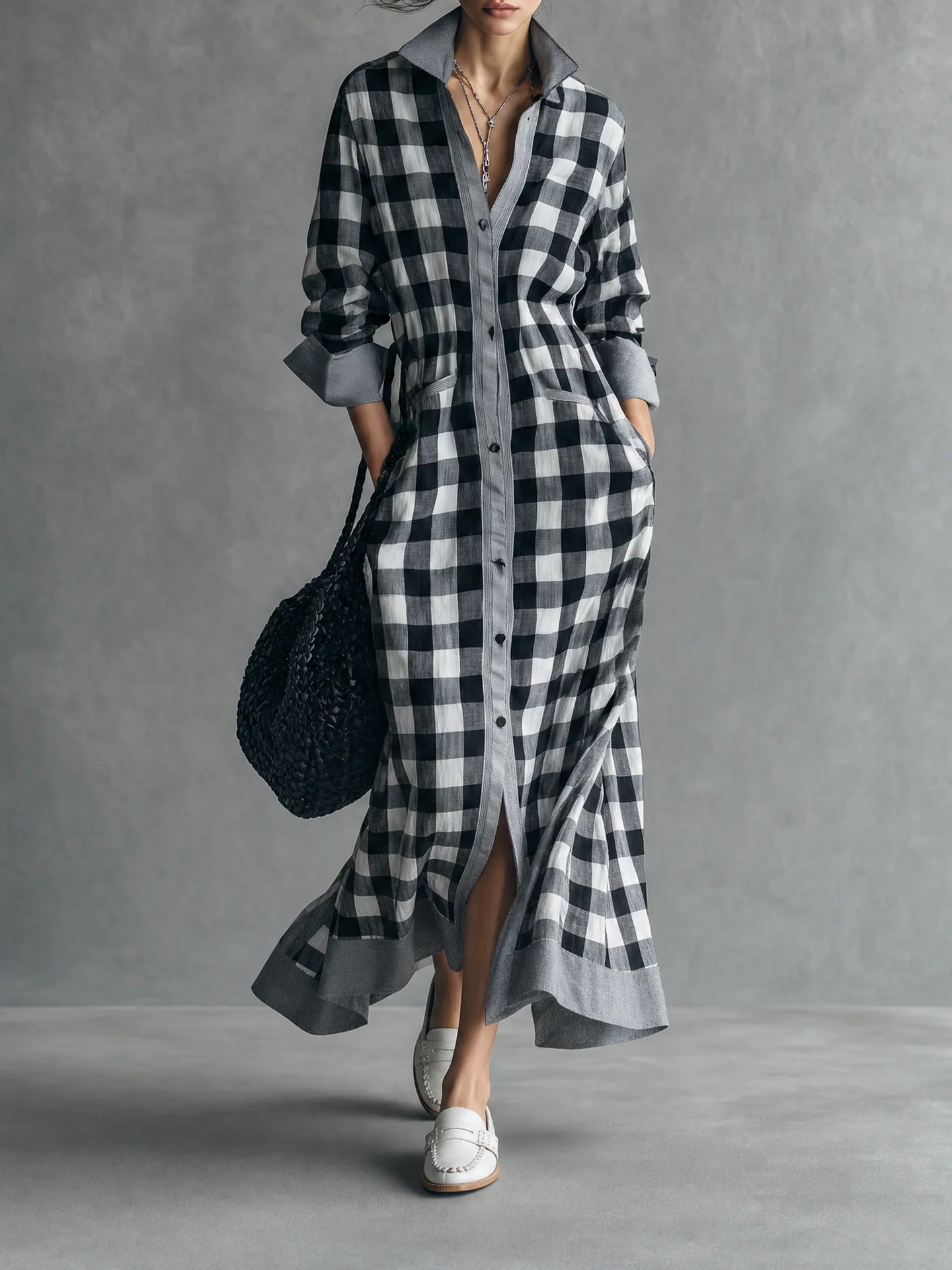 Kariertes Langarm-Hemdblusenkleid für Damen