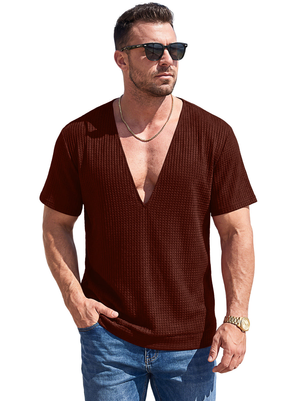 Einfarbiges Wellen-Web T-Shirt mit Tief-V-Ausschnitt Kurzarm