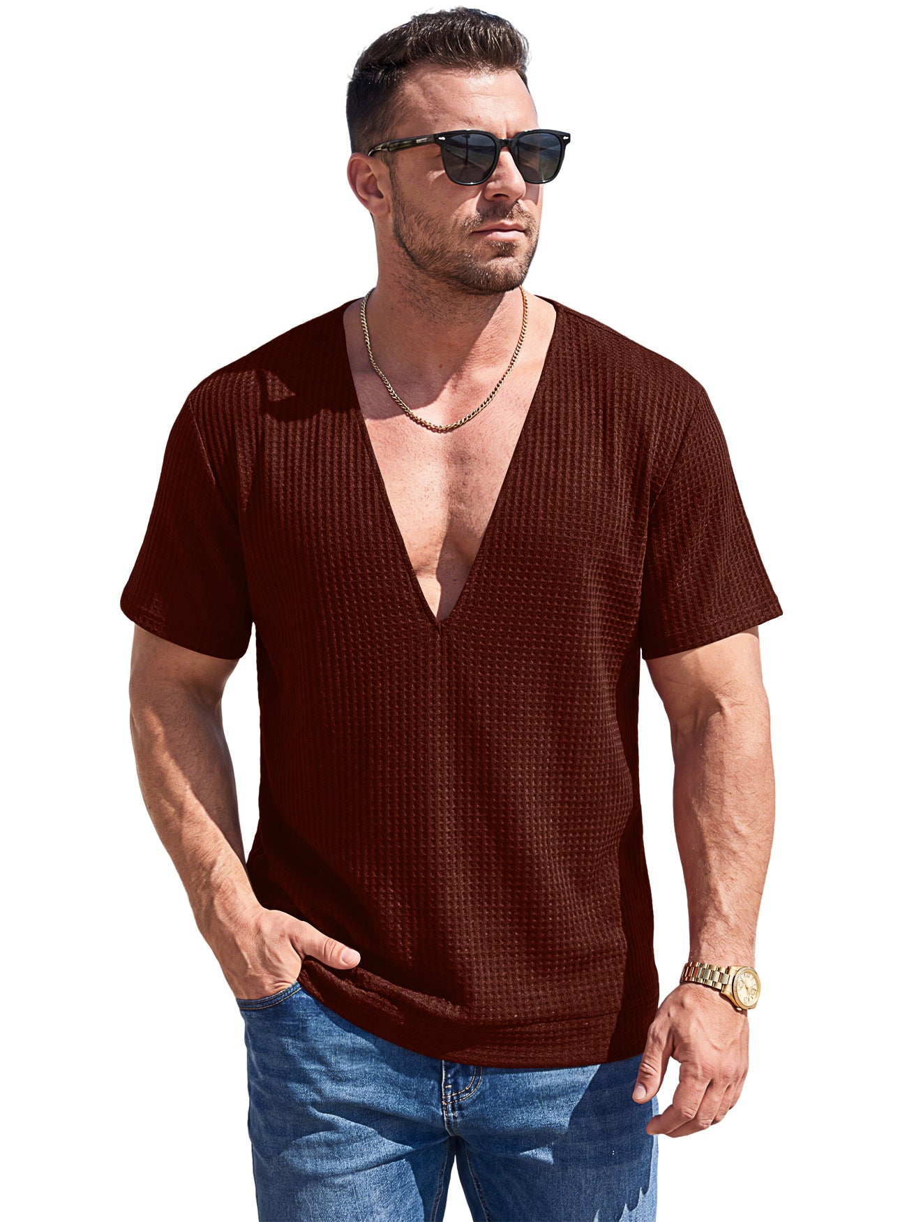 Einfarbiges Wellen-Web T-Shirt mit Tief-V-Ausschnitt Kurzarm