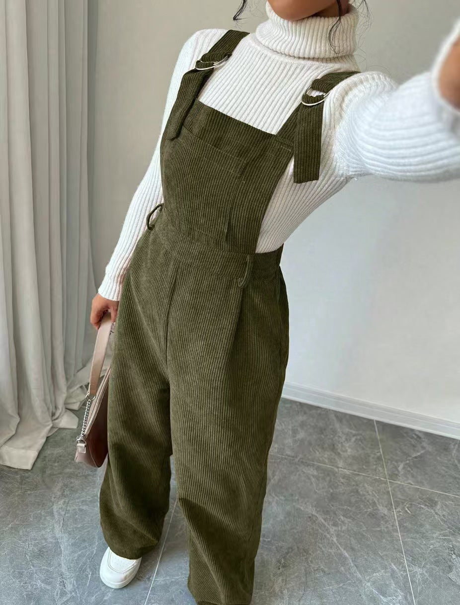 Corduroy Loose Straight Bib Pants Damen