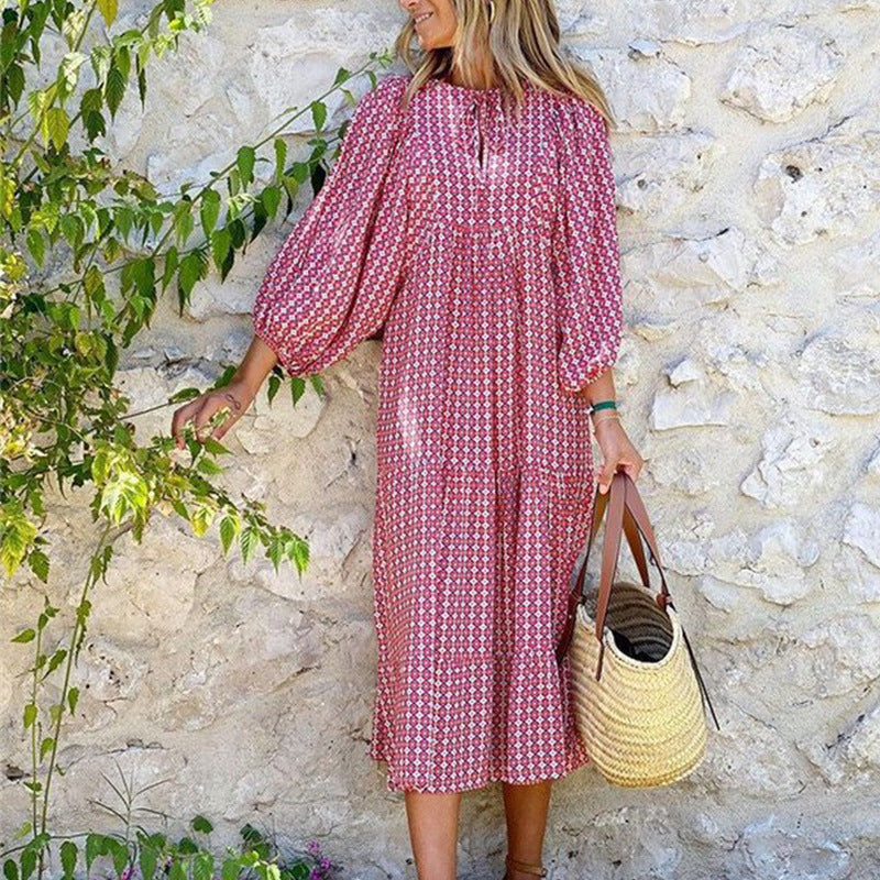 Langes Kleid mit Blumenmuster und Puffärmeln