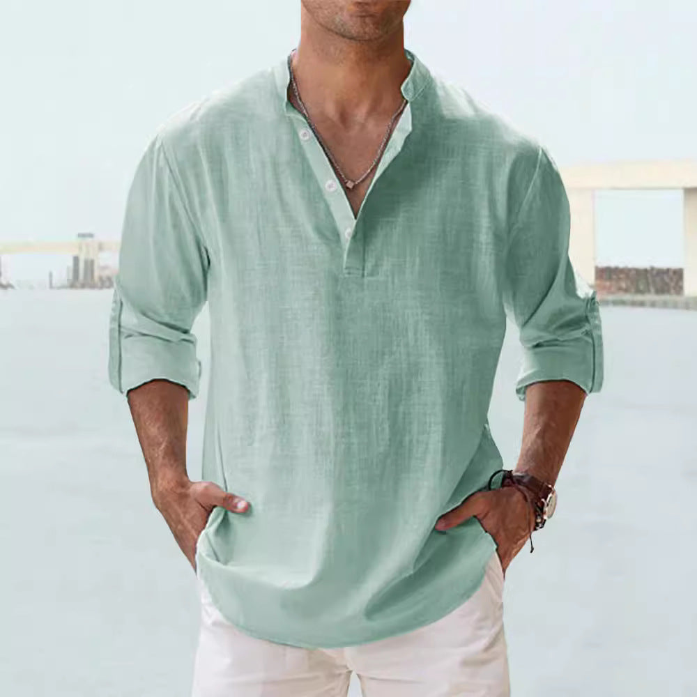Männer-Linen-Long-Sleeve-Top mit Stand-Up-Hals – Bild 14 | LuxeStyle