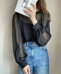 Chiffon-Top mit Puffärmeln und Rundhals