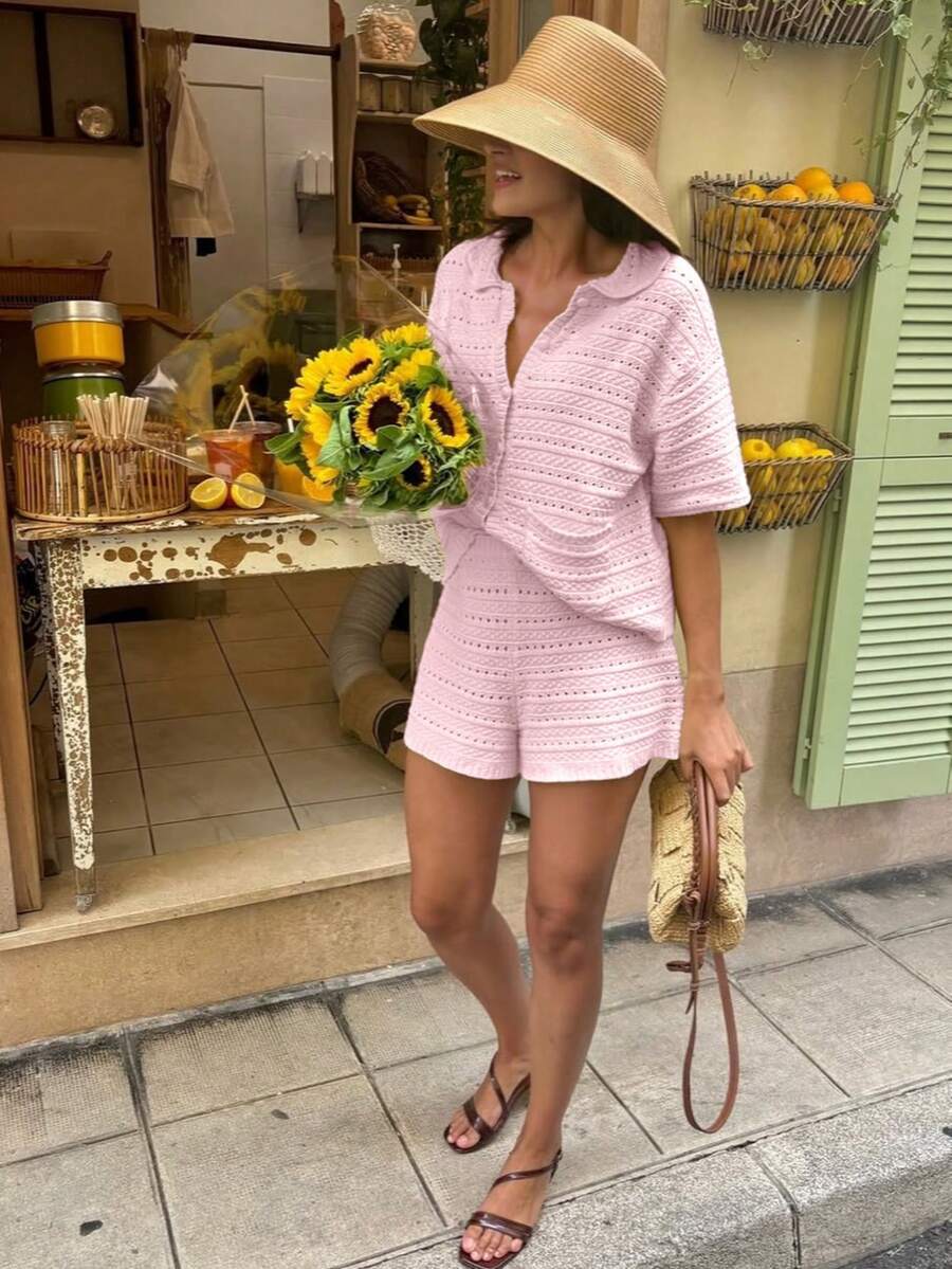 Kurzarm Strick-Cardigan & Shorts 2-teiliges Set