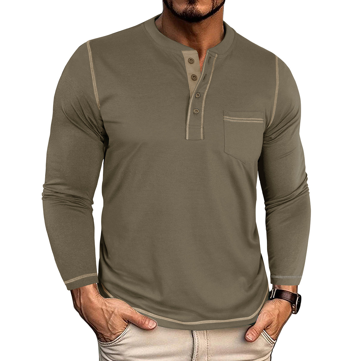 Langarm-T-Shirt mit Henley-Tasche – Bild 11 | LuxeStyle