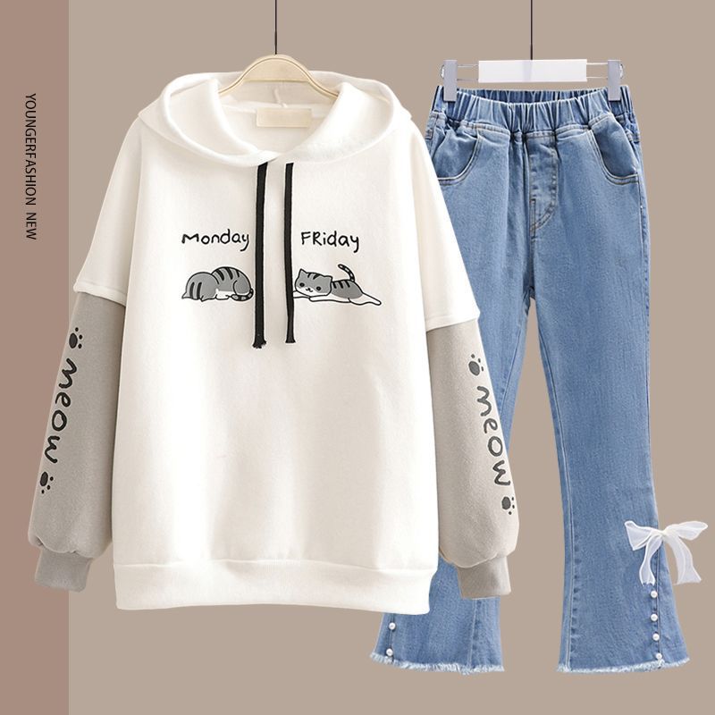 Hoodie-Set mit geradem Bein im Preppy-Stil
