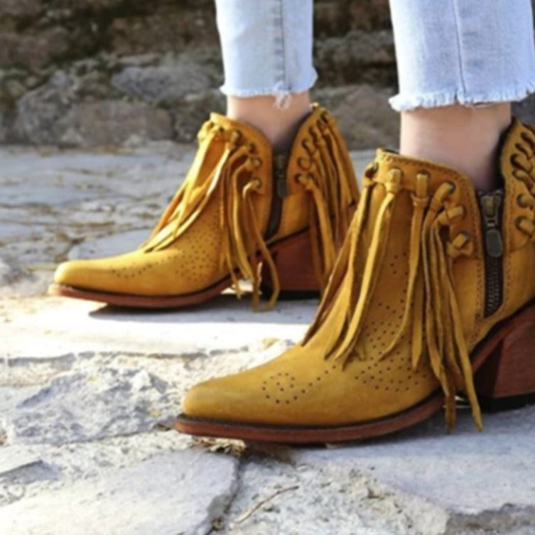 Spitzschuh-Blockabsatz Knöchelstiefel mit Schleifen, Grössen bis 43