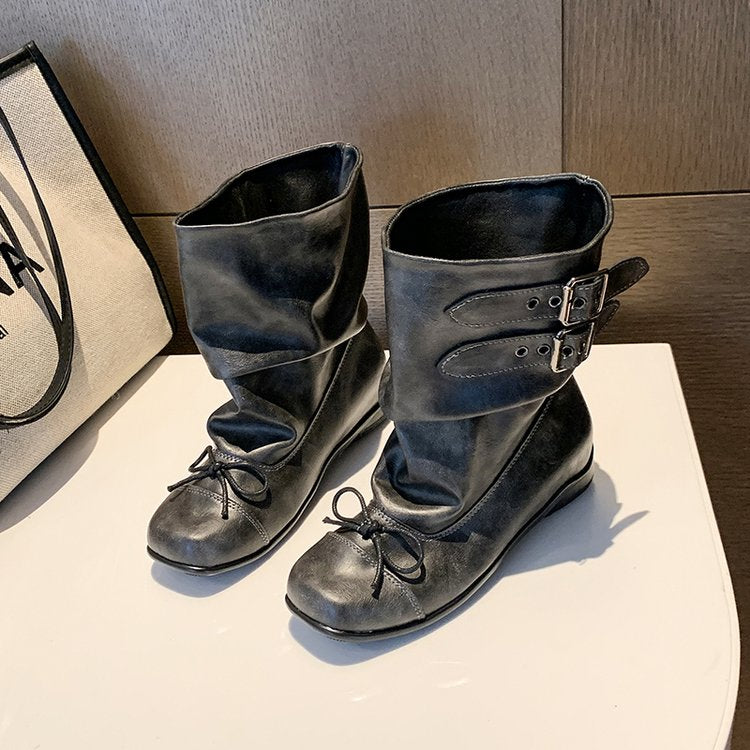 Schwarze Ballerina-Boots Retro mit Schleife