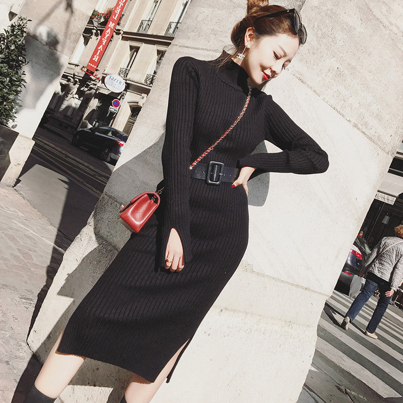 Rollkragen Strickkleid mit Schlitz