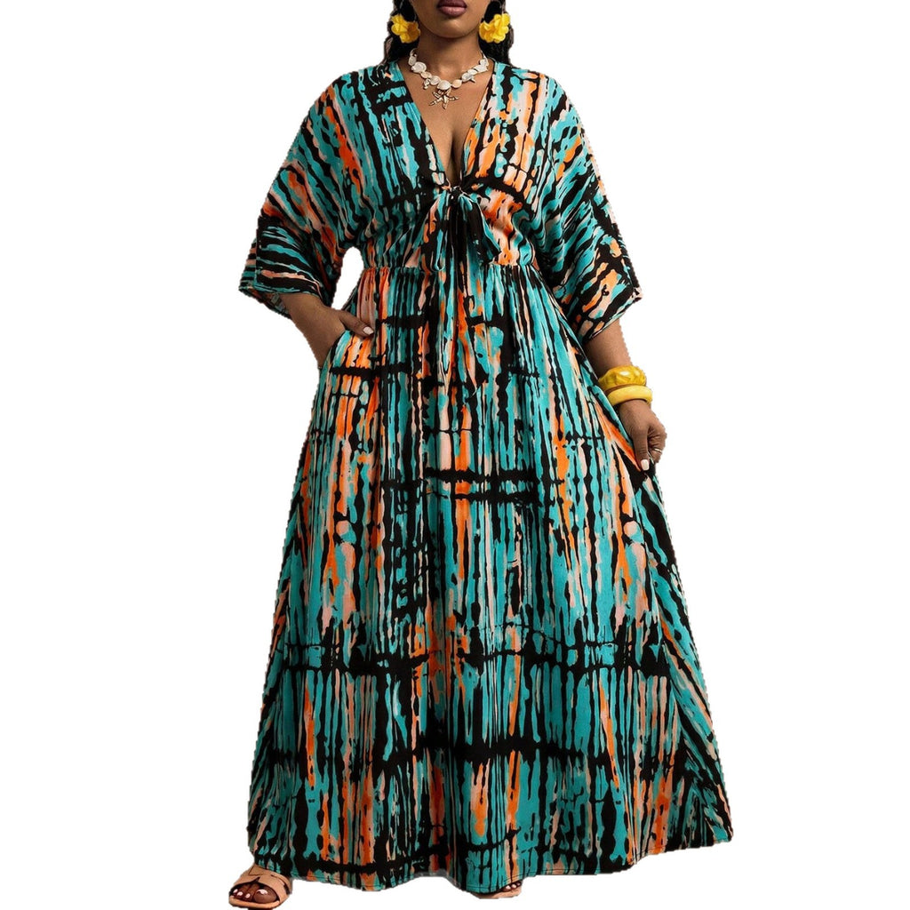 V-Ausschnitt Resort-Kleid mit Geometrie-Muster