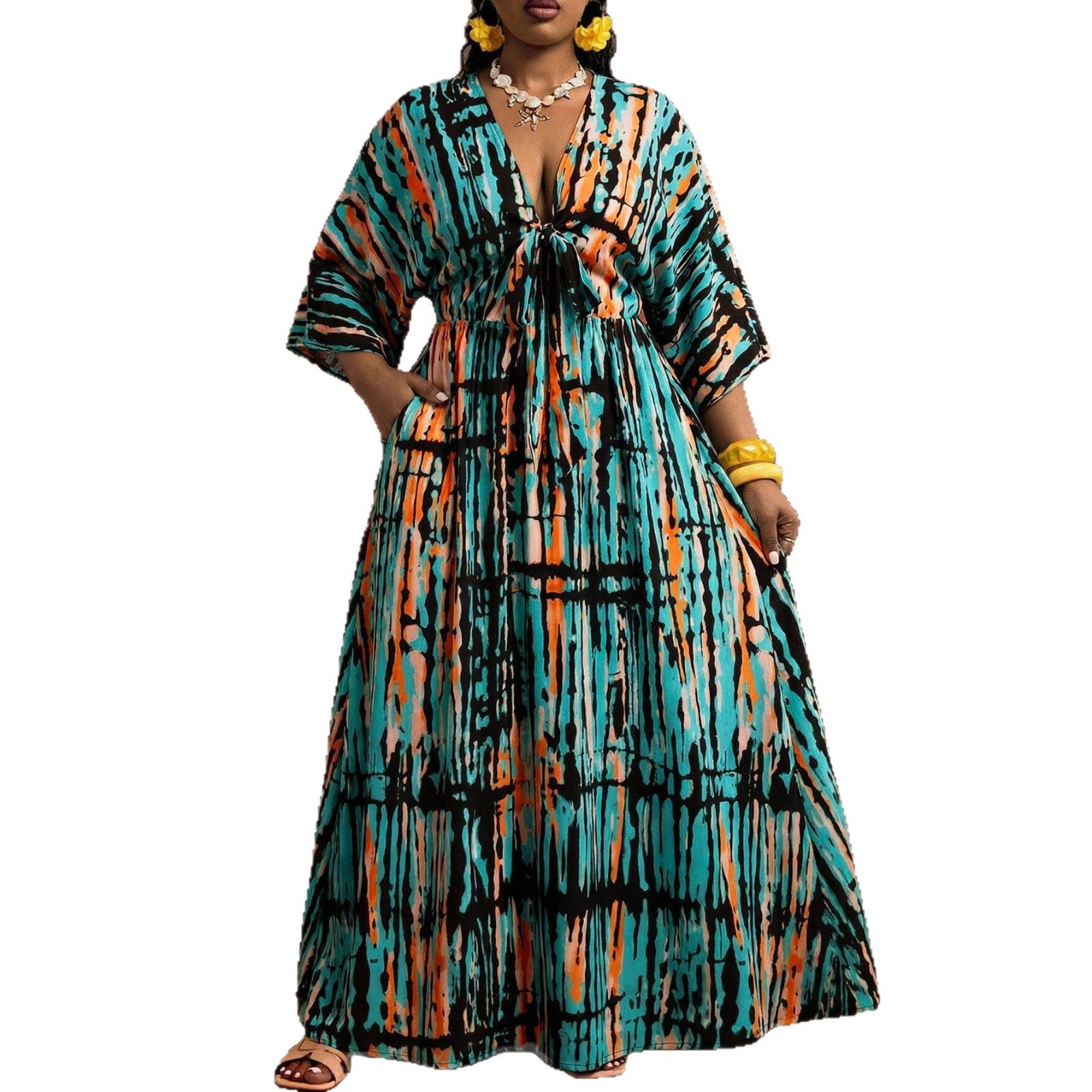 V-Ausschnitt Resort-Kleid mit Geometrie-Muster