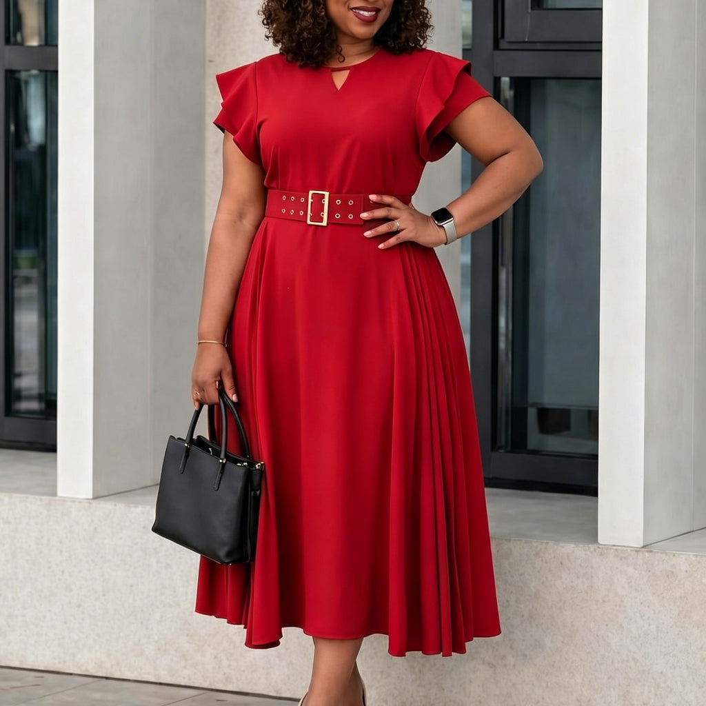 Midi-Plisseekleid mit Rüschenärmeln und Gürtel