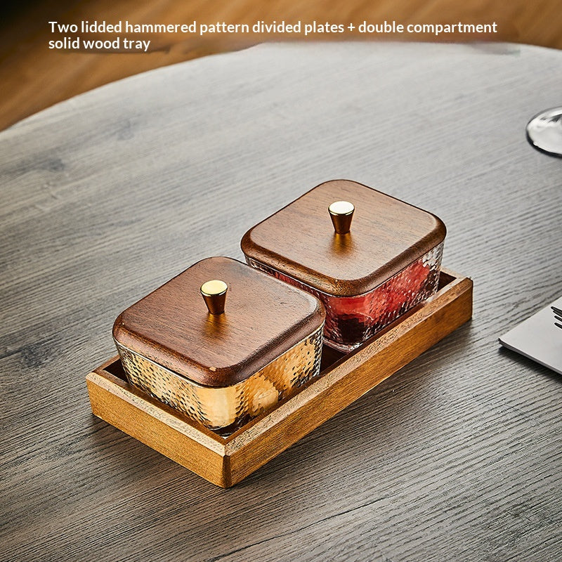 Glas-Servierplatte mit Holztablett