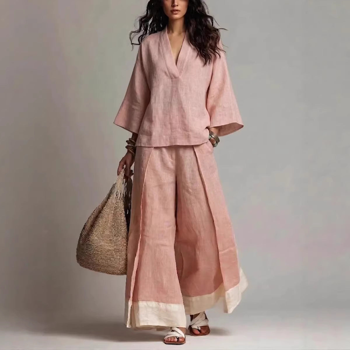 2-teiliges Leinen-Set «Provence» – Hemd & Wide-Leg-Hose