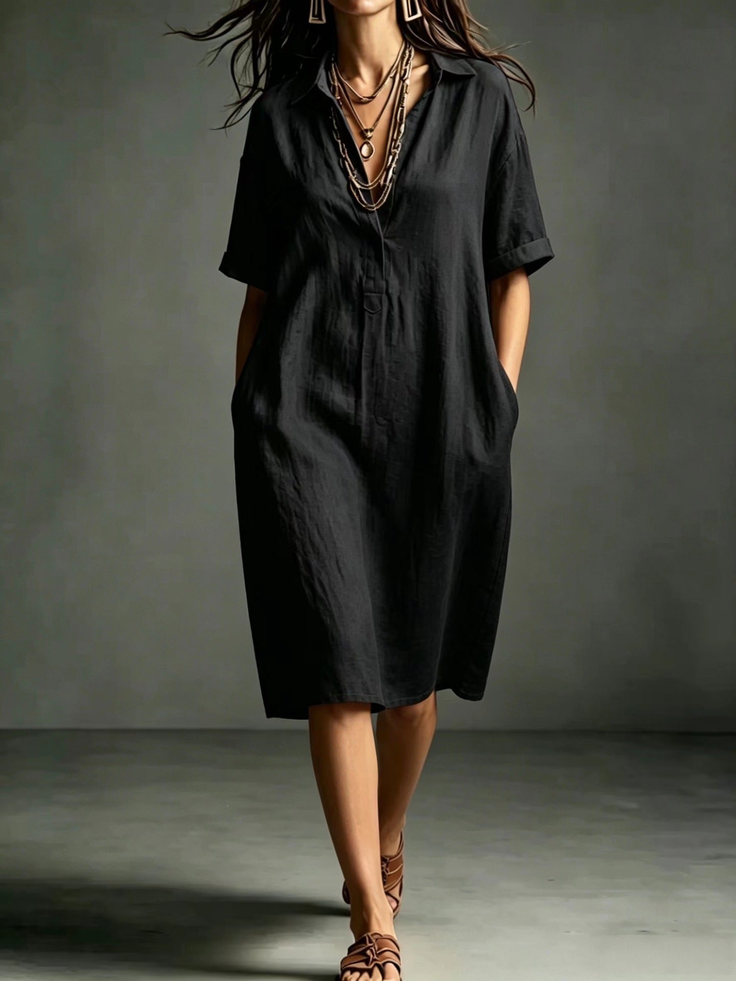 Ärmelloses V-Neck Kleid mit Taschen