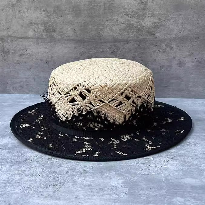 Handgestrickter Raffia Strohhut mit flacher Krone – Ansicht 3