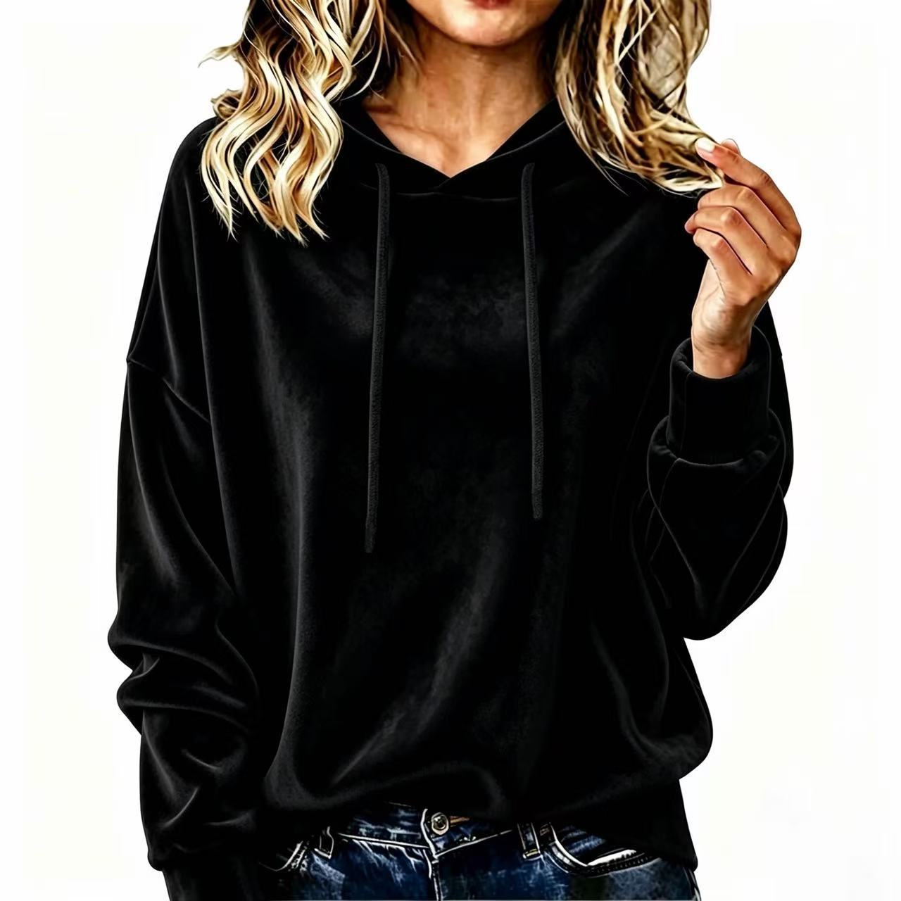 Samt-Pullover mit Kapuze und Kordelzug
