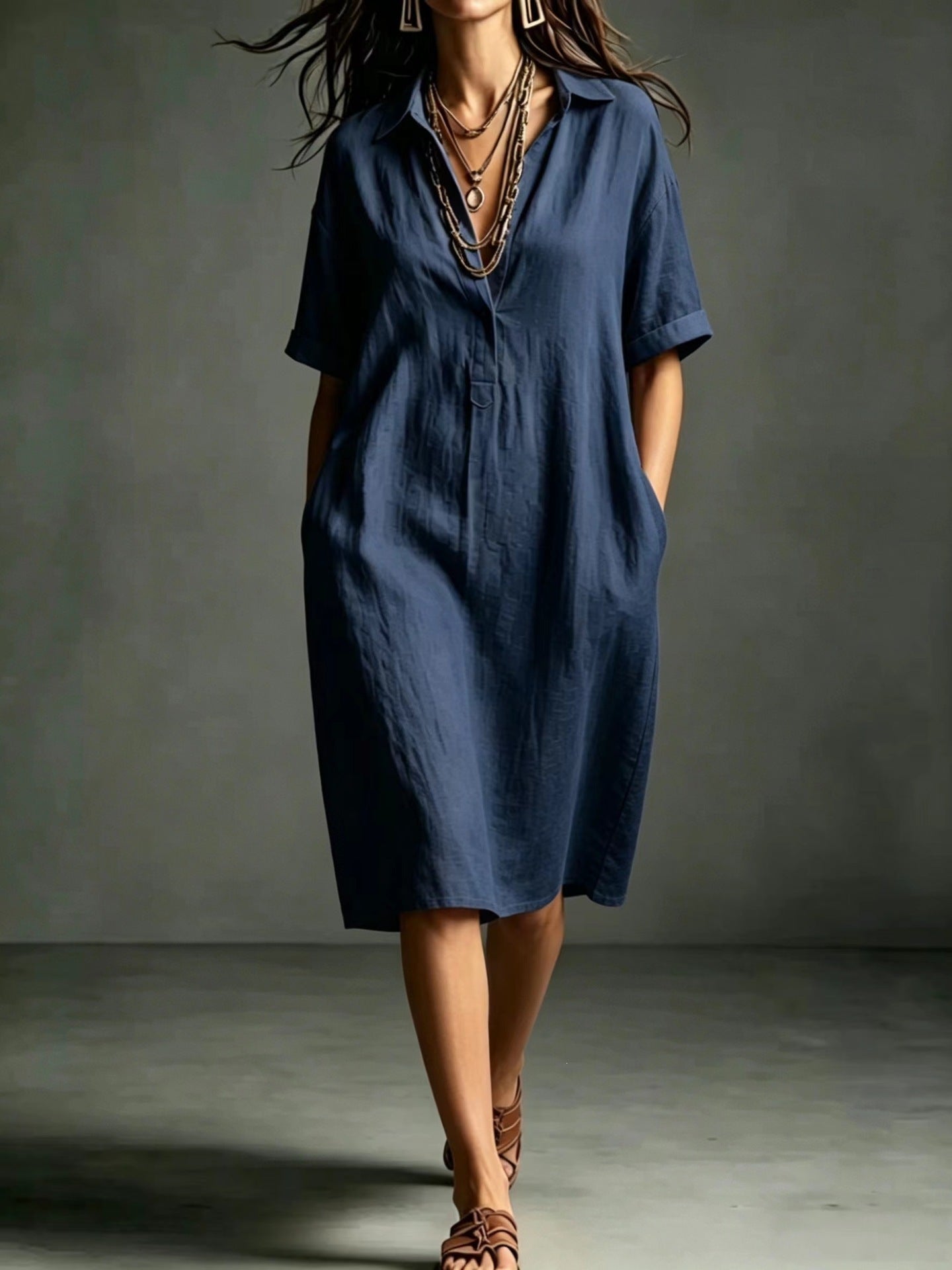 Ärmelloses V-Neck Kleid mit Taschen