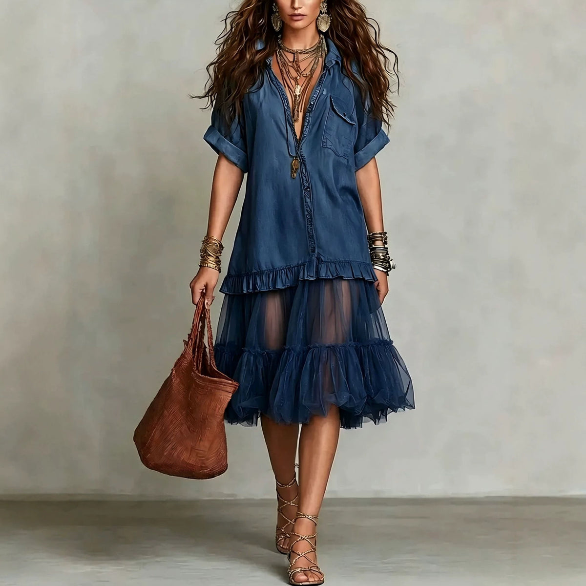 Boho Patchwork Tüll Maxikleid im Jeans-Look – Bild 2 | LuxeStyle